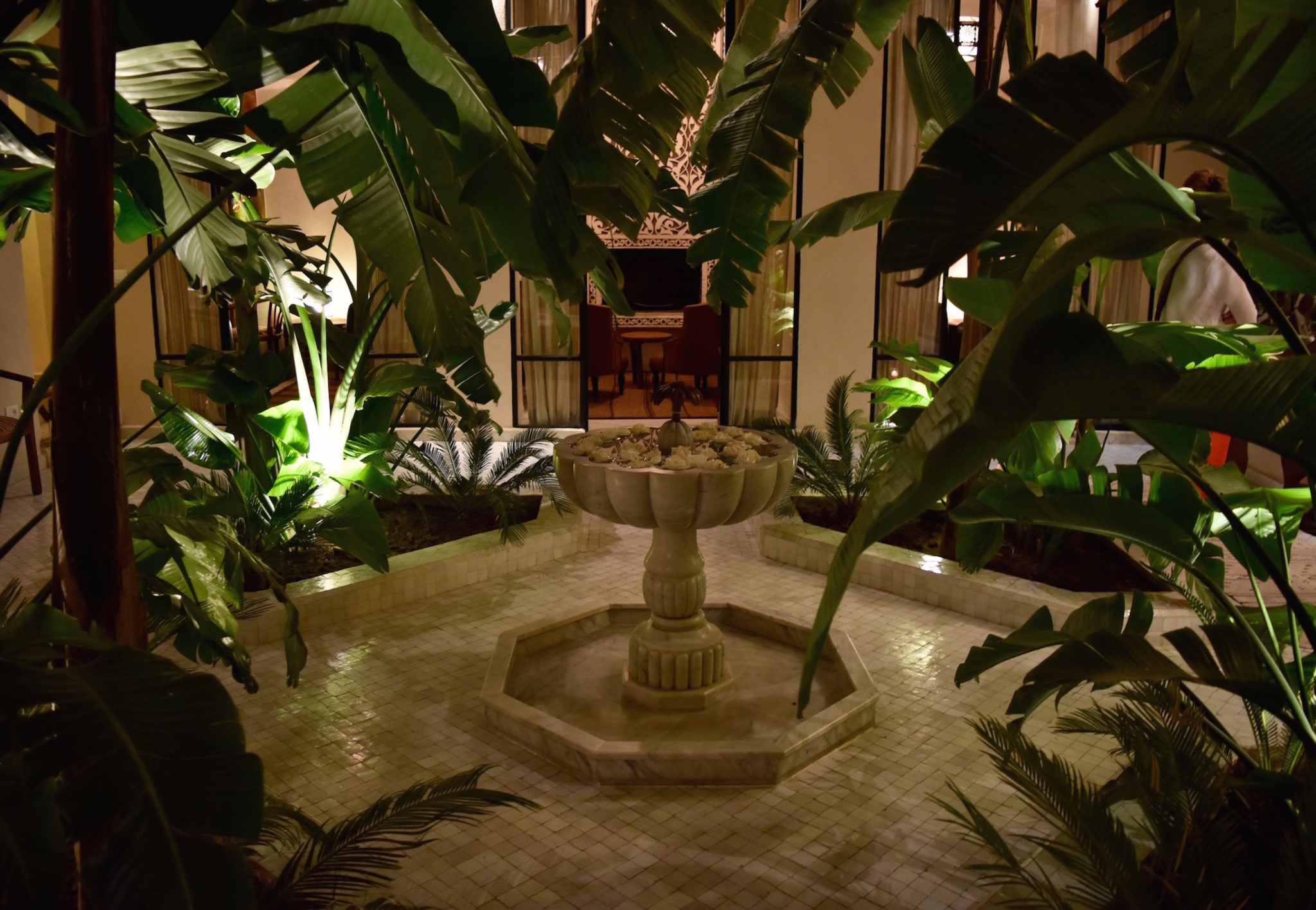 A riad courtyard with plants and a water feature 