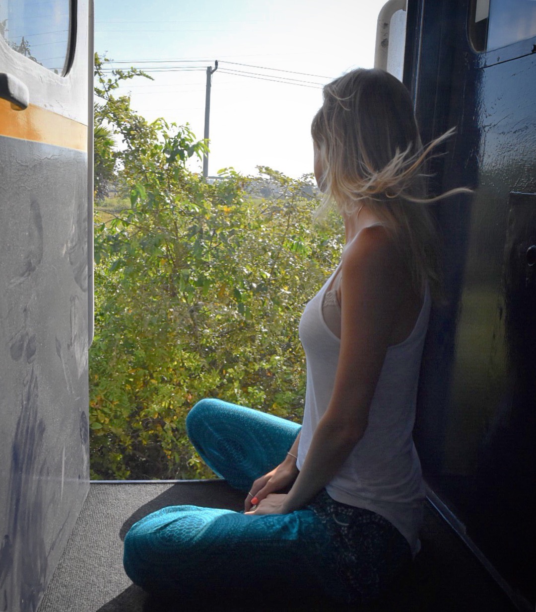 Hayley looking out the door of a train in Cambodia