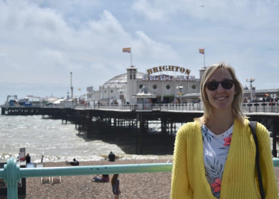 Hayley standing in front of Brighton Palace Pier 