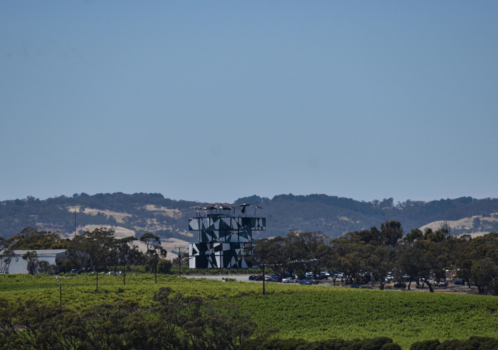 A unique black and white cube shaped building at d'Arenburg Wines. Considered one of the best wineries in McLaren Vale. 